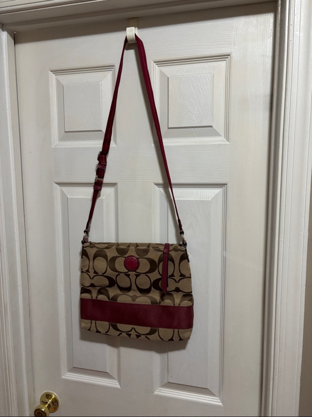 Coach Khaki Canvas Crossbody with Red Trim